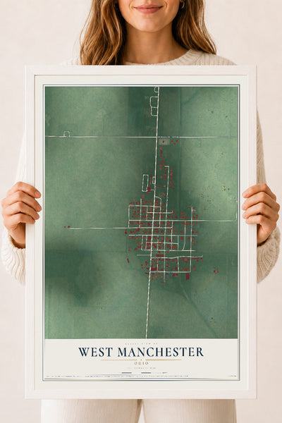 Map of West Manchester, Ohio, 18 x 24 inch print in a white wood frame