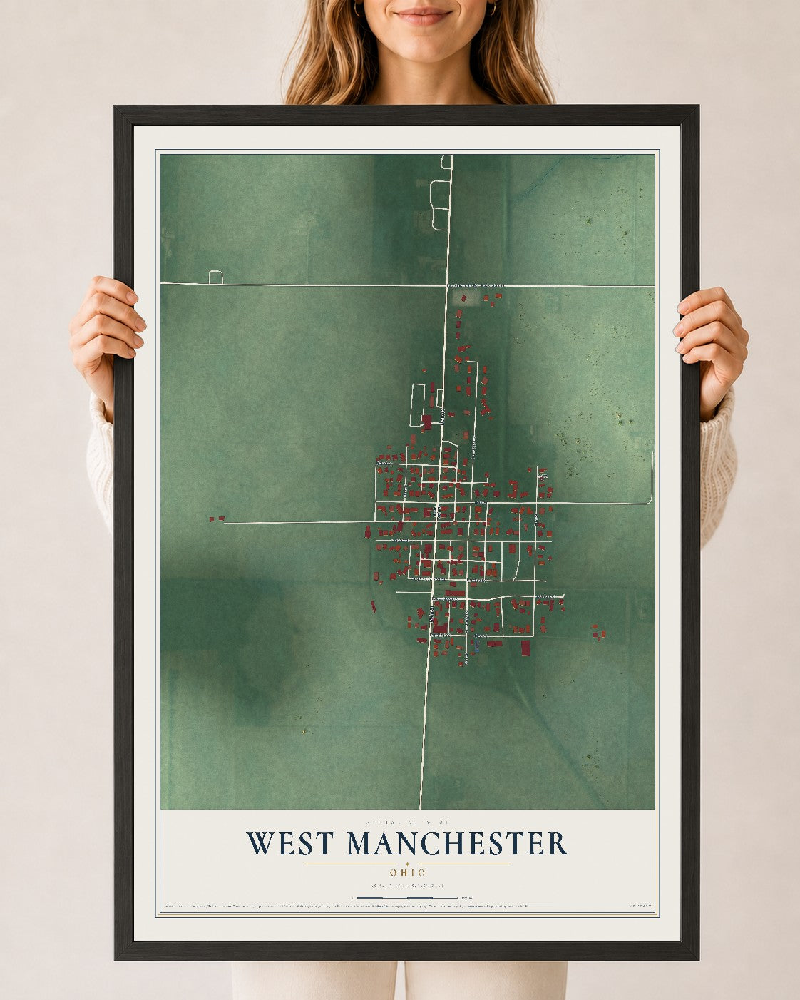 Map of West Manchester, Ohio, 24 x 36 inch print in a black wood frame