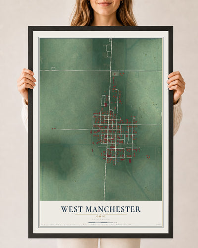 Map of West Manchester, Ohio, 24 x 36 inch print in a black wood frame