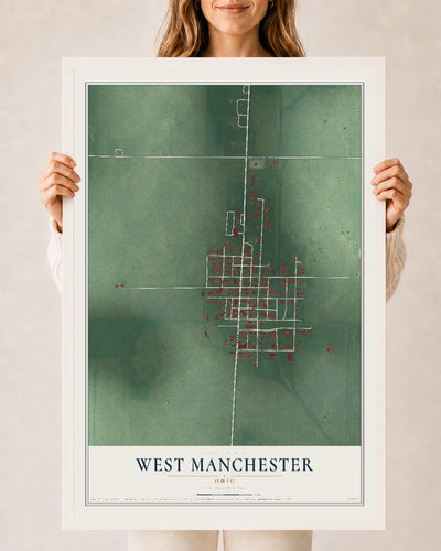 Map of West Manchester, Ohio, 24 x 36 inch print in a white wood frame