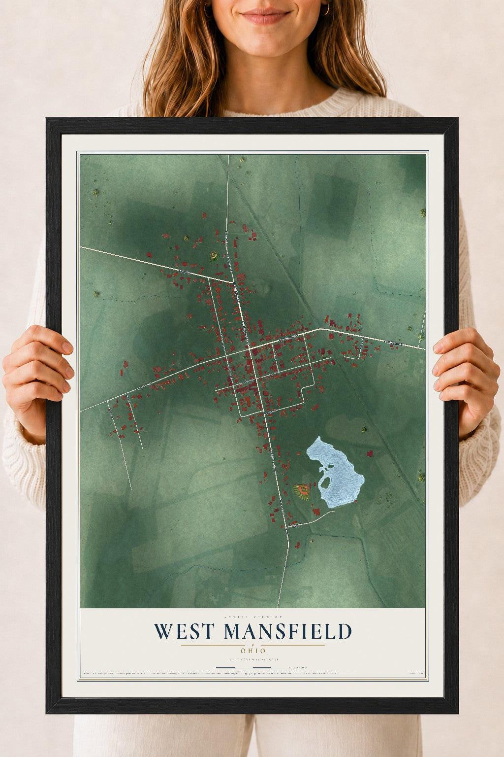 Map of West Mansfield, Ohio, 18 x 24 inch print in a black wood frame