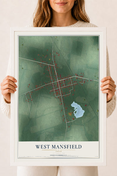 Map of West Mansfield, Ohio, 18 x 24 inch print in a white wood frame