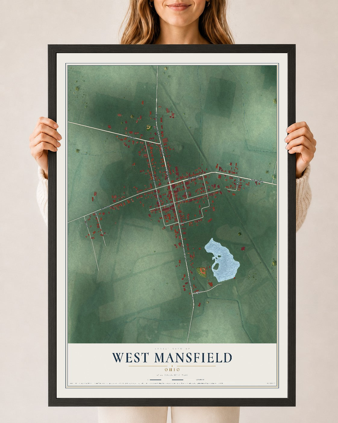 Map of West Mansfield, Ohio, 24 x 36 inch print in a black wood frame