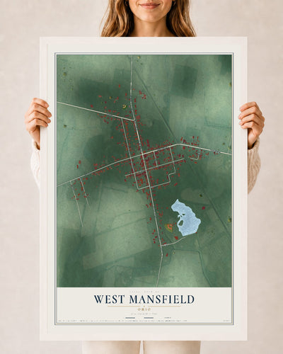 Map of West Mansfield, Ohio, 24 x 36 inch print in a white wood frame