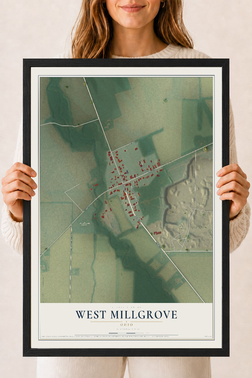 Map of West Millgrove, Ohio, 18 x 24 inch print in a black wood frame