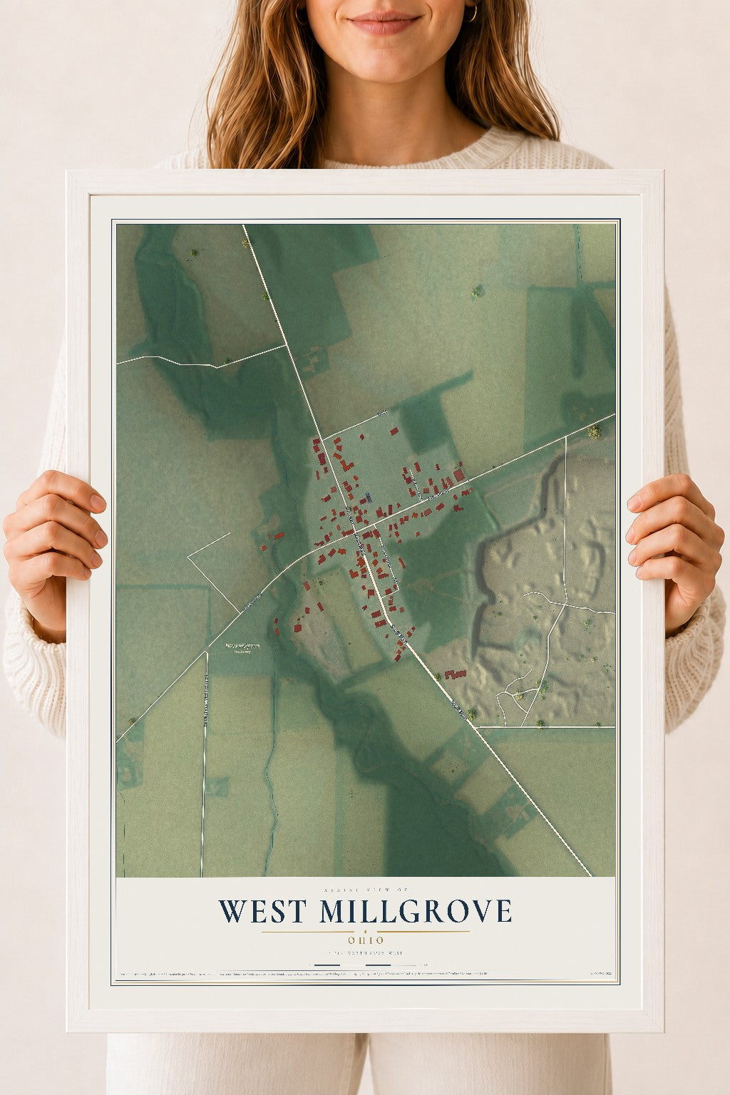 Map of West Millgrove, Ohio, 18 x 24 inch print in a white wood frame