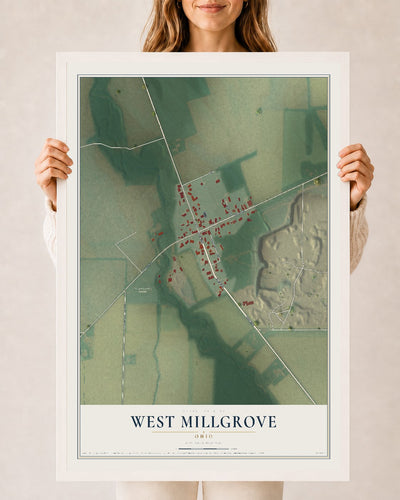 Map of West Millgrove, Ohio, 24 x 36 inch print in a white wood frame