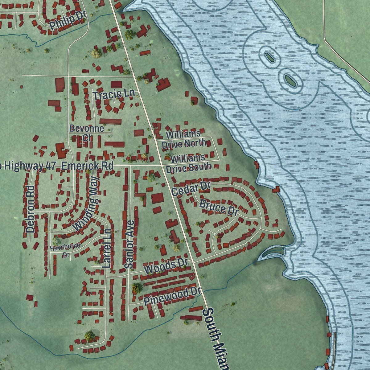 Second close-up of the map of West Milton, Ohio print showing more streets and buildings