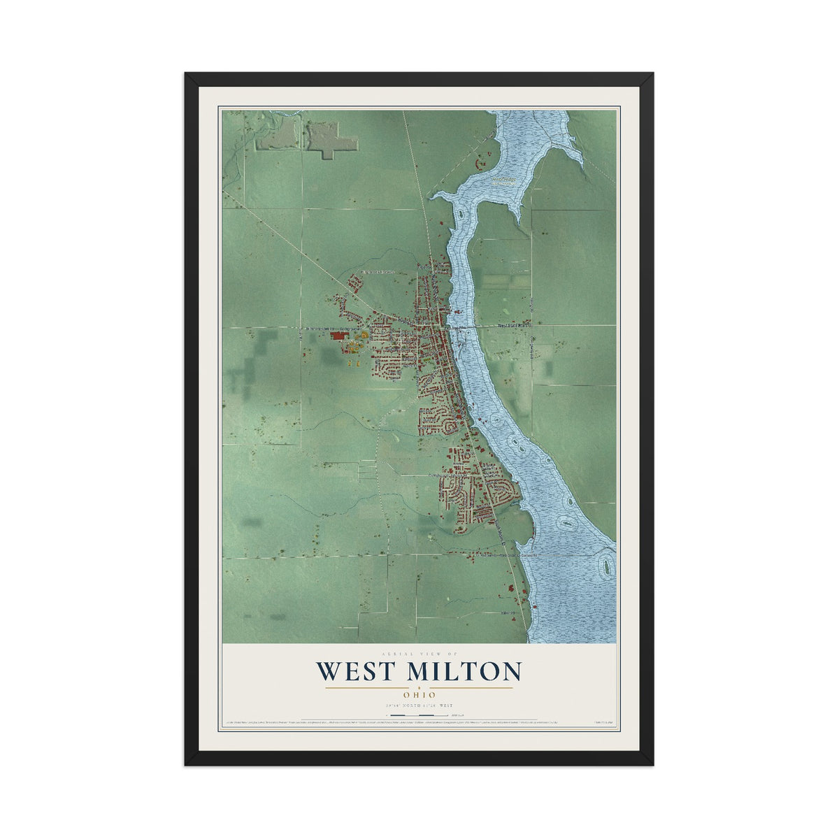 Map of West Milton, Ohio, 12 x 18 inch print in a black wood frame
