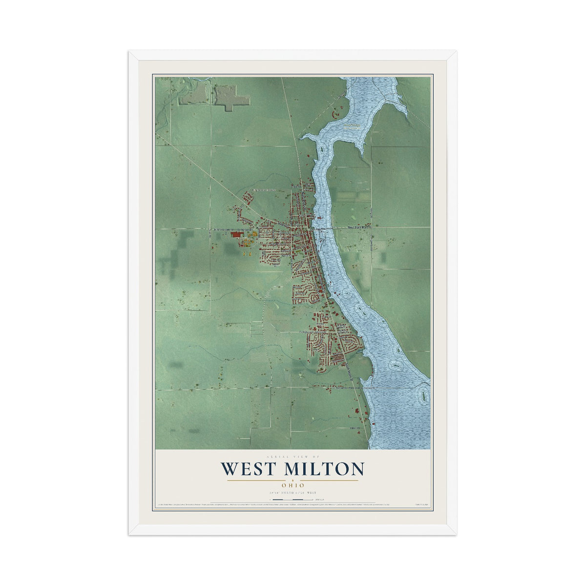 Map of West Milton, Ohio, 12 x 18 inch print in a white wood frame