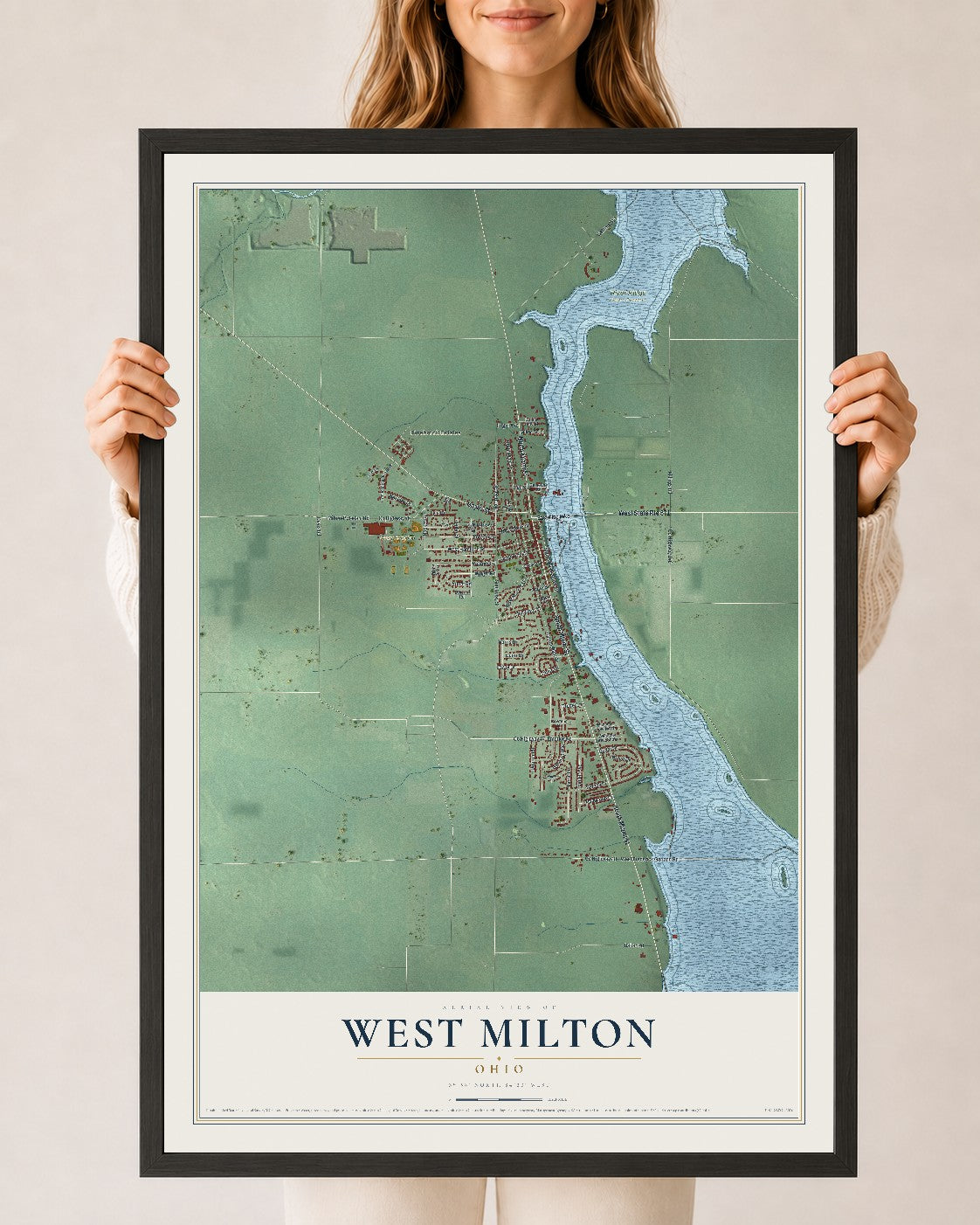 Map of West Milton, Ohio, 24 x 36 inch print in a black wood frame