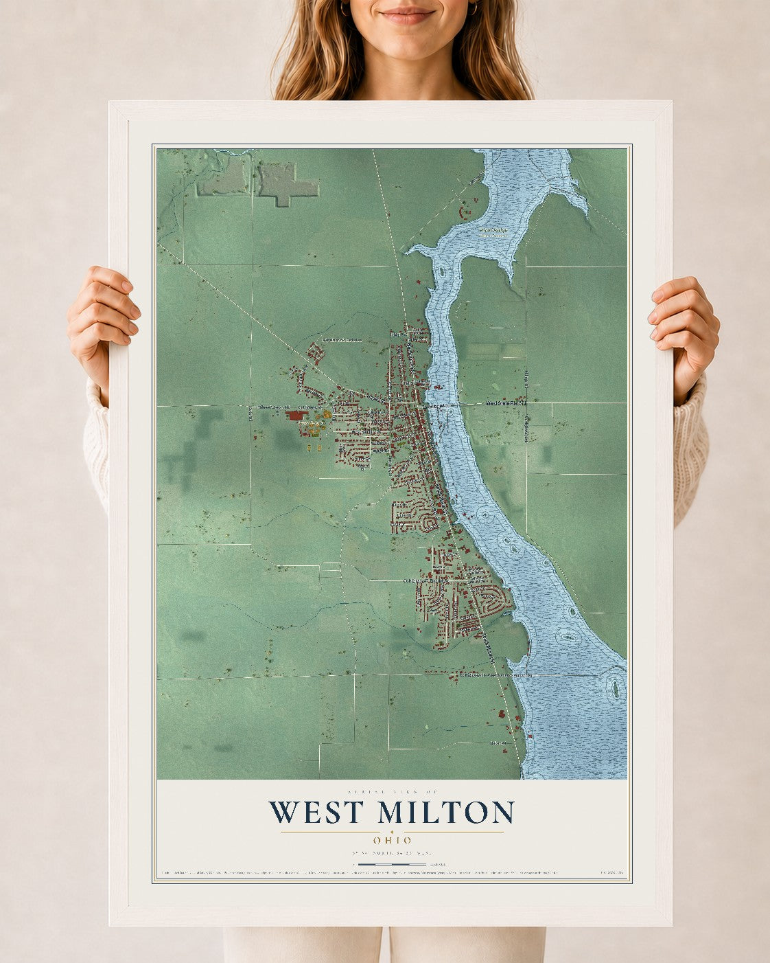 Map of West Milton, Ohio, 24 x 36 inch print in a white wood frame