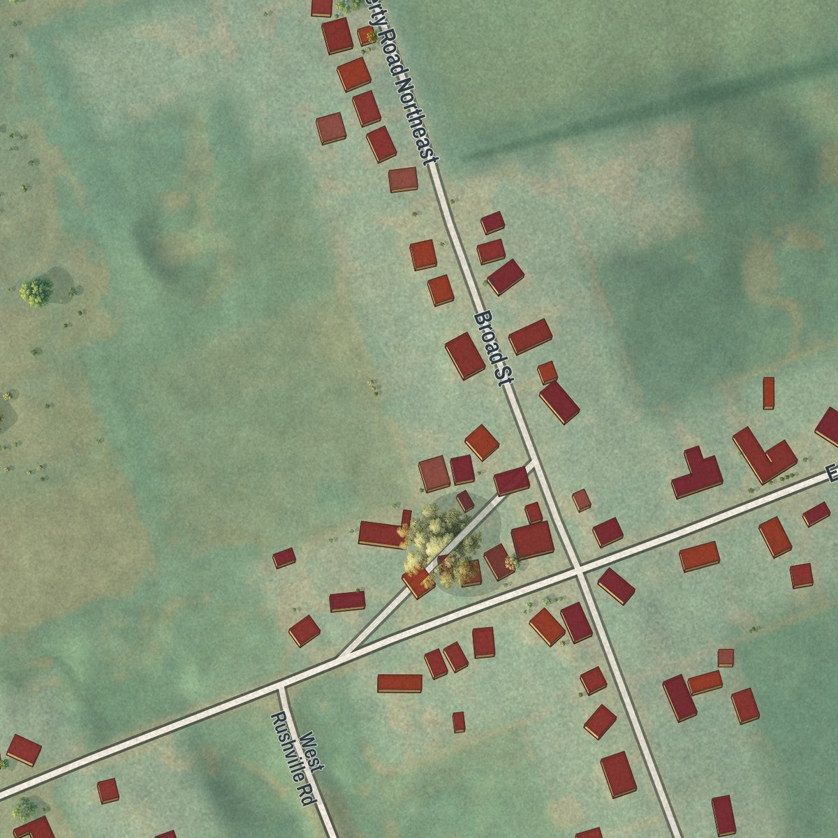 Close-up of the map of West Rushville, Ohio print showing street and building detail