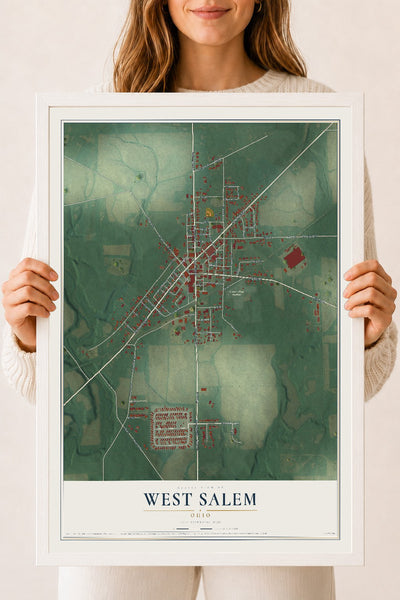Map of West Salem, Ohio, 18 x 24 inch print in a white wood frame
