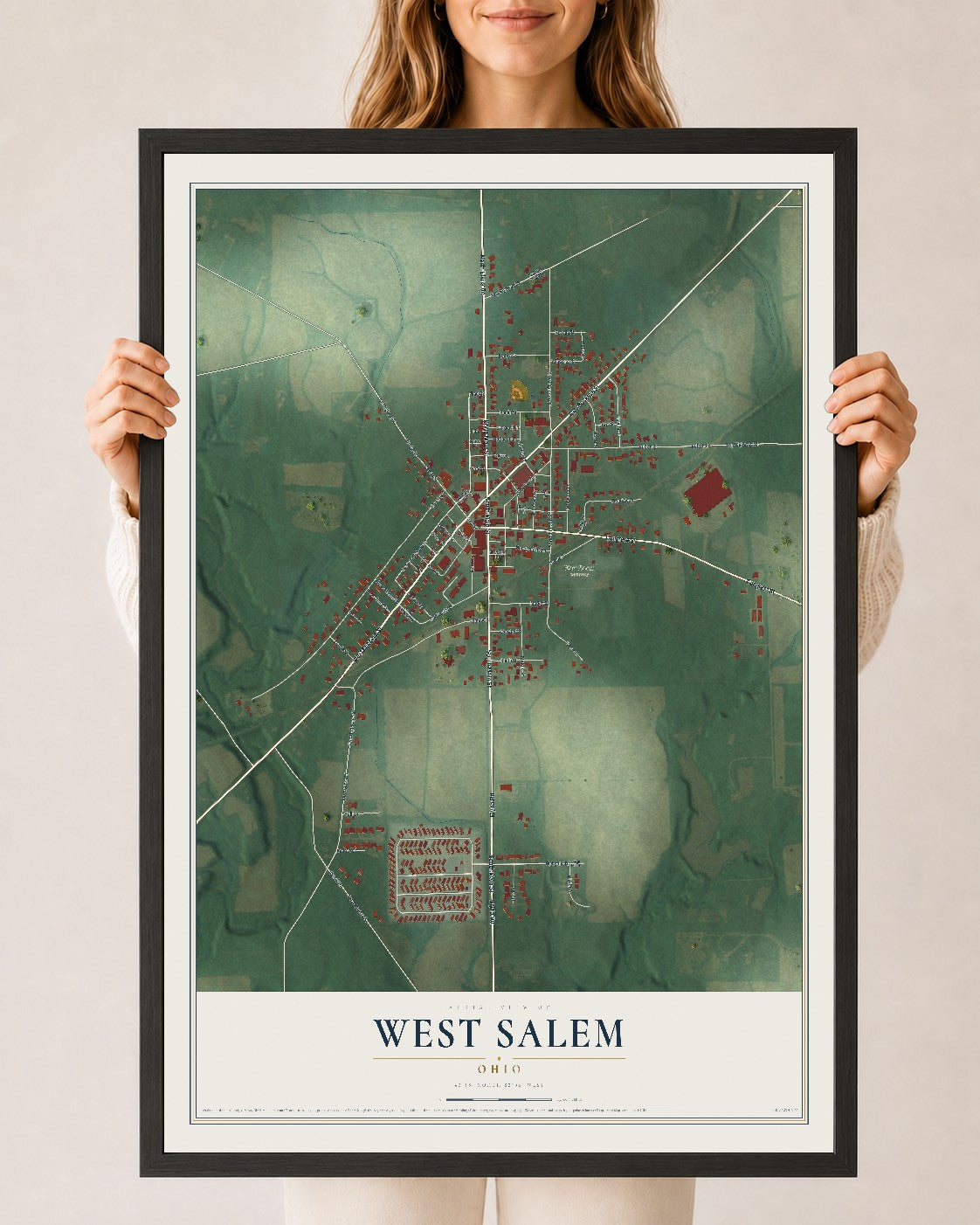 Map of West Salem, Ohio, 24 x 36 inch print in a black wood frame