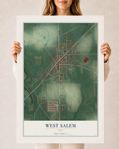 Map of West Salem, Ohio, 24 x 36 inch print in a white wood frame