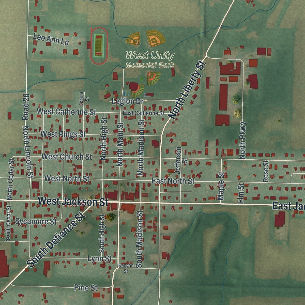 Close-up of the map of West Unity, Ohio print showing street and building detail