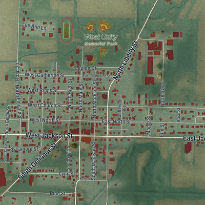 Close-up of the map of West Unity, Ohio print showing street and building detail