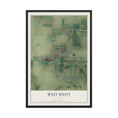 Map of West Unity, Ohio, 12 x 18 inch print in a black wood frame