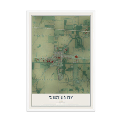 Map of West Unity, Ohio, 12 x 18 inch print in a white wood frame
