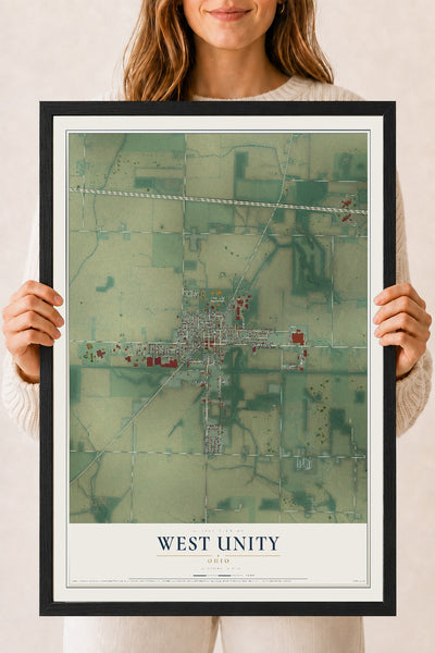 Map of West Unity, Ohio, 18 x 24 inch print in a black wood frame