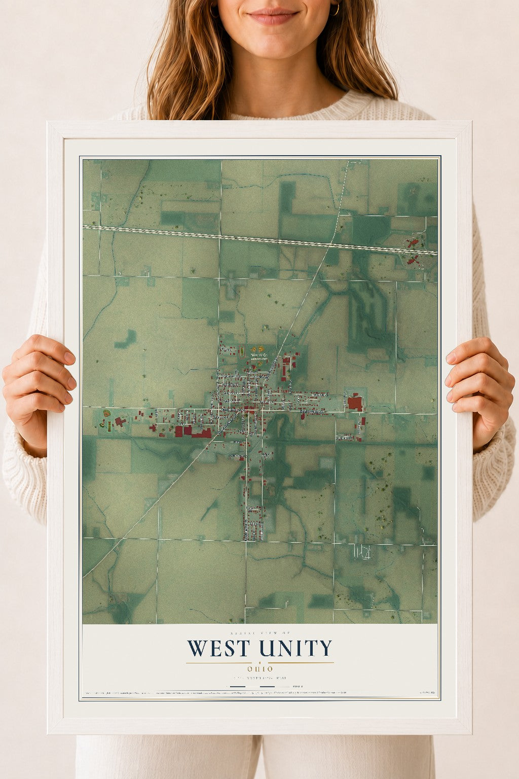 Map of West Unity, Ohio, 18 x 24 inch print in a white wood frame