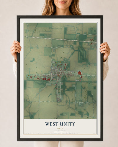 Map of West Unity, Ohio, 24 x 36 inch print in a black wood frame