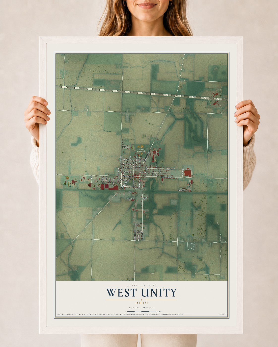 Map of West Unity, Ohio, 24 x 36 inch print in a white wood frame