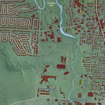 Second close-up of the map of Westerville, Ohio print showing more streets and buildings