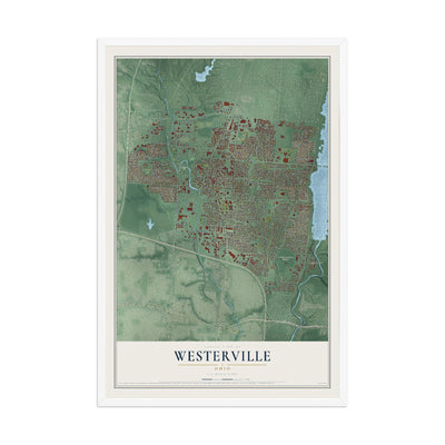 Map of Westerville, Ohio, 12 x 18 inch print in a white wood frame