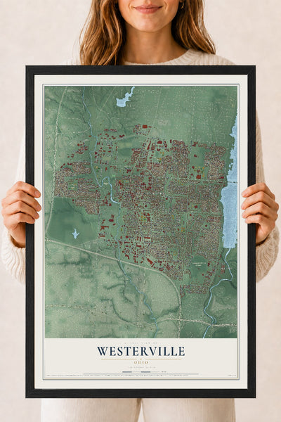 Map of Westerville, Ohio, 18 x 24 inch print in a black wood frame