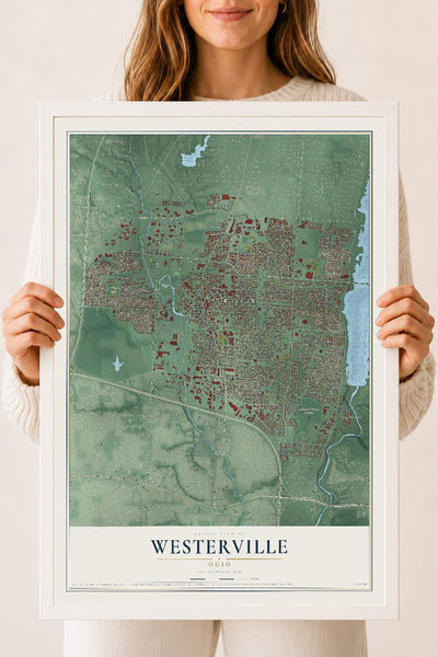 Map of Westerville, Ohio, 18 x 24 inch print in a white wood frame