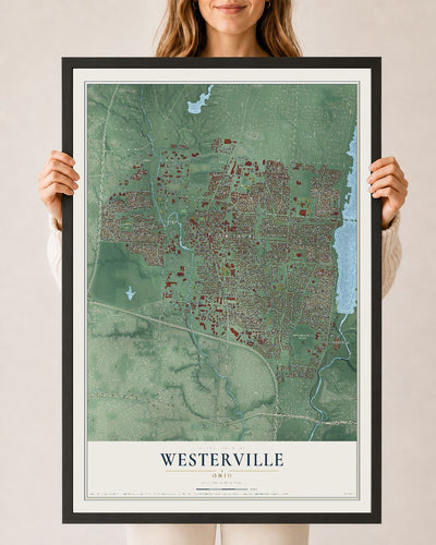 Map of Westerville, Ohio, 24 x 36 inch print in a black wood frame