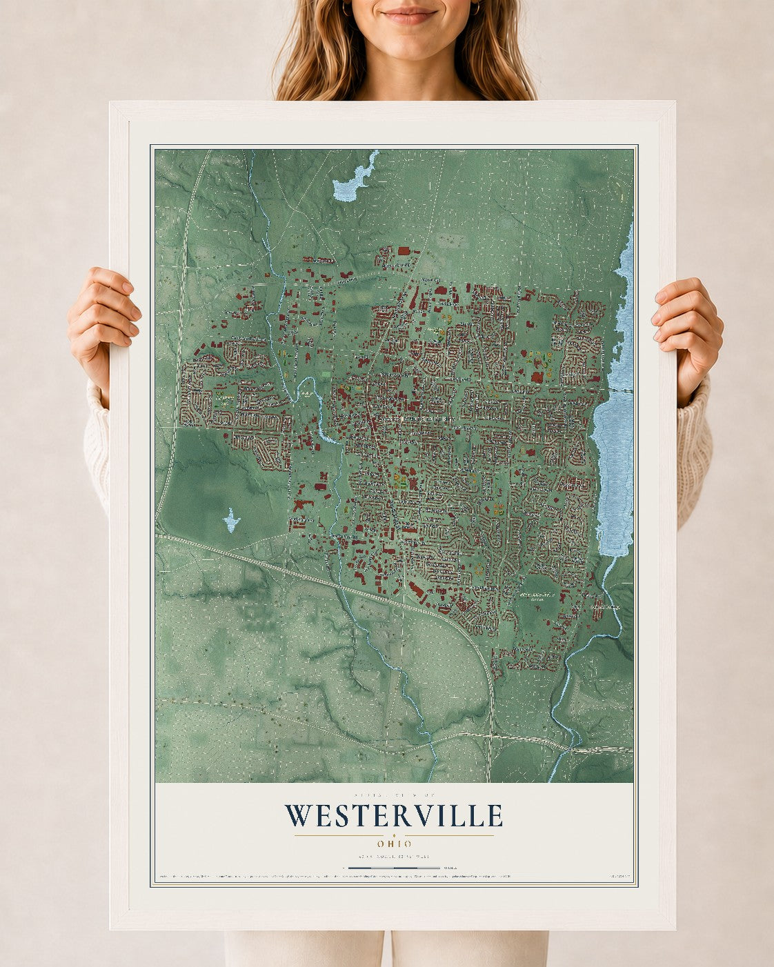 Map of Westerville, Ohio, 24 x 36 inch print in a white wood frame