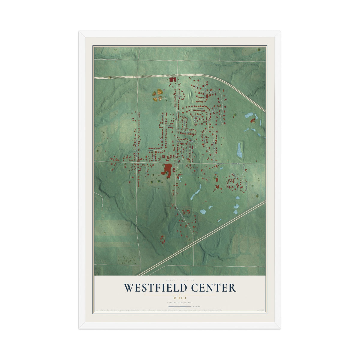 Map of Westfield Center, Ohio, 12 x 18 inch print in a white wood frame