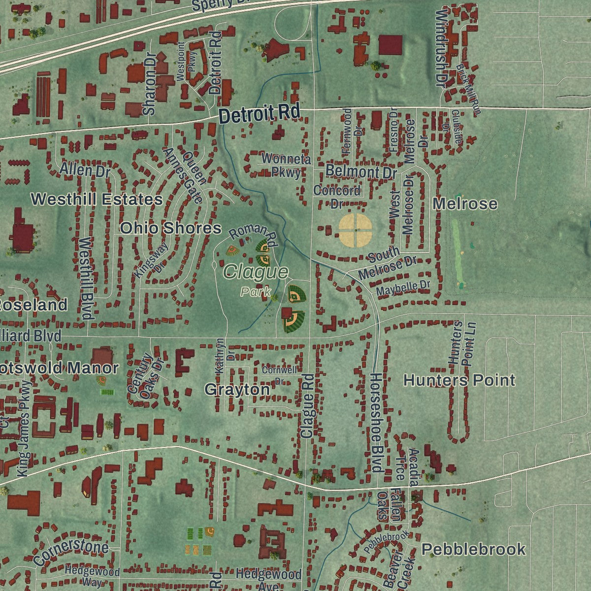 Second close-up of the map of Westlake, Ohio print showing more streets and buildings