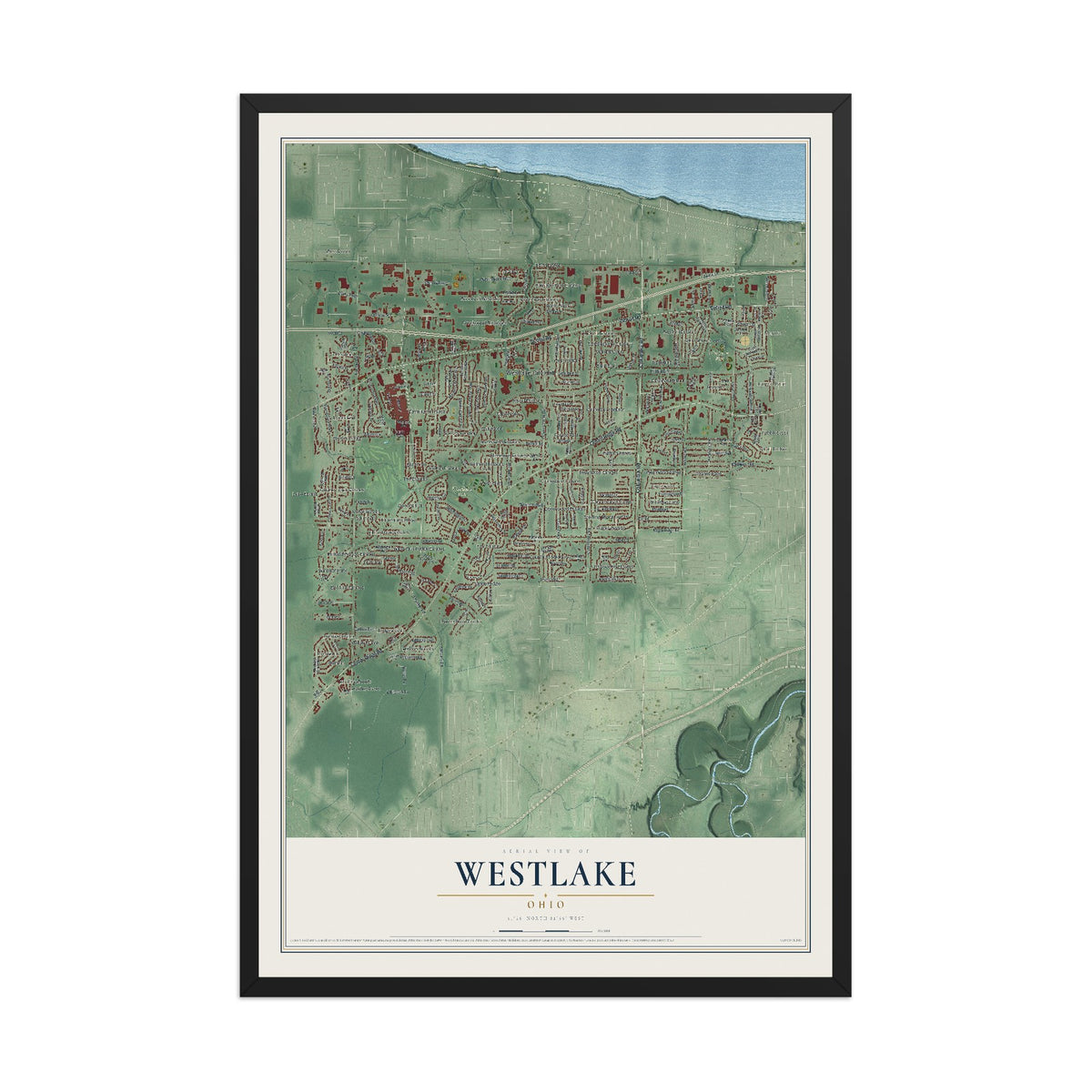 Map of Westlake, Ohio, 12 x 18 inch print in a black wood frame