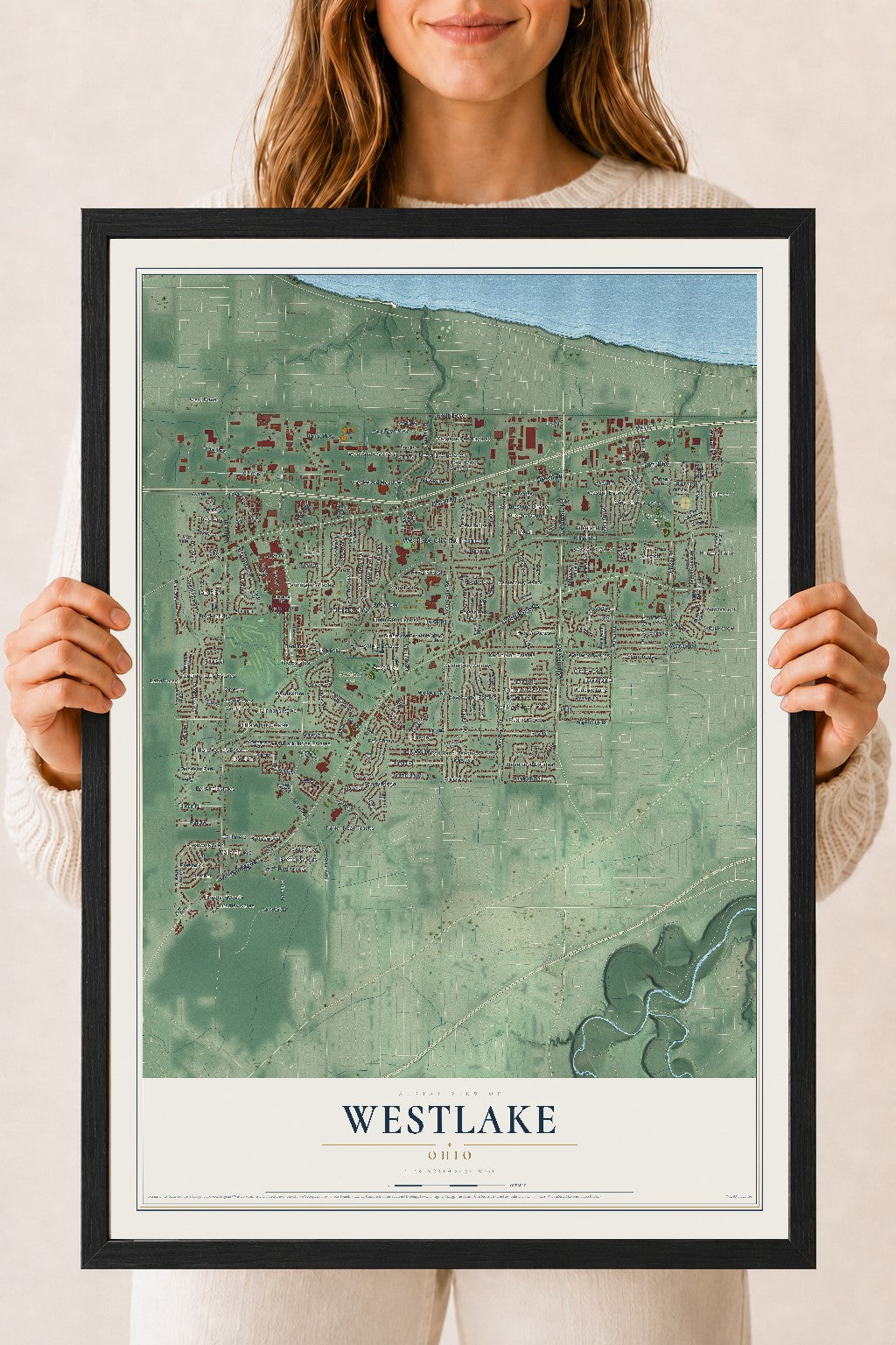 Map of Westlake, Ohio, 18 x 24 inch print in a black wood frame