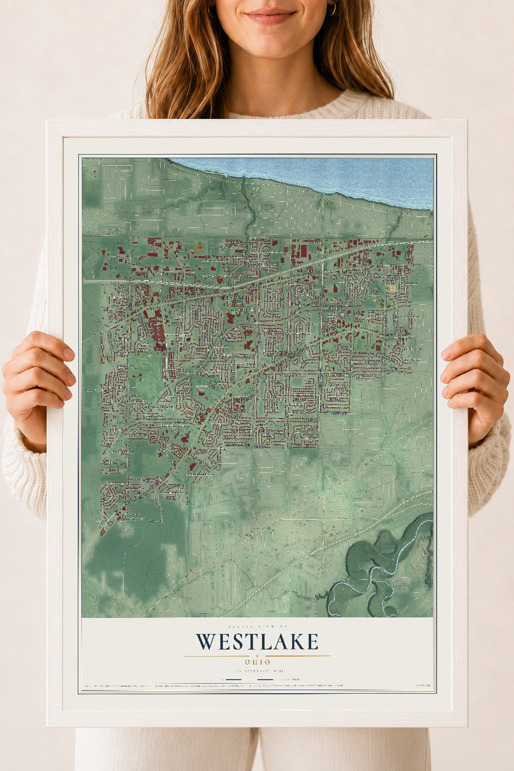 Map of Westlake, Ohio, 18 x 24 inch print in a white wood frame