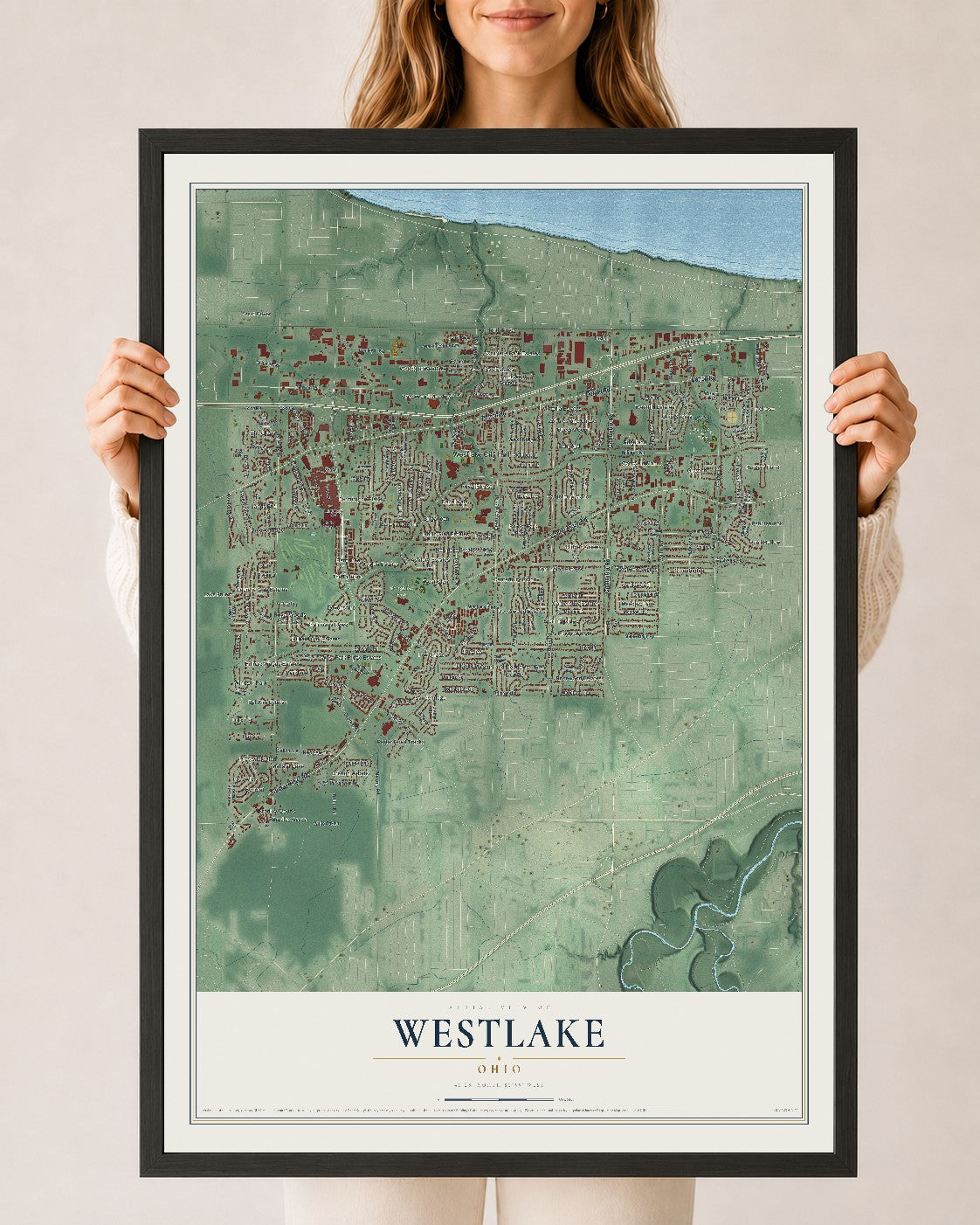 Map of Westlake, Ohio, 24 x 36 inch print in a black wood frame