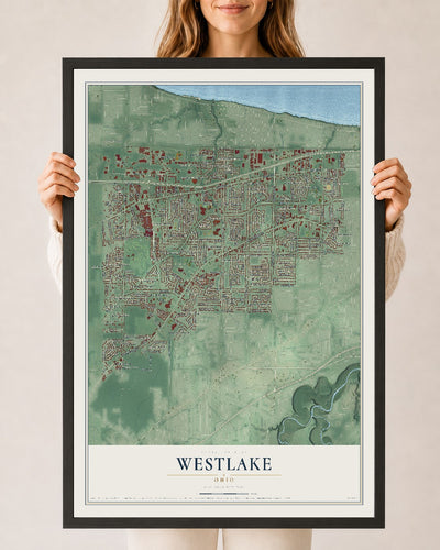 Map of Westlake, Ohio, 24 x 36 inch print in a black wood frame