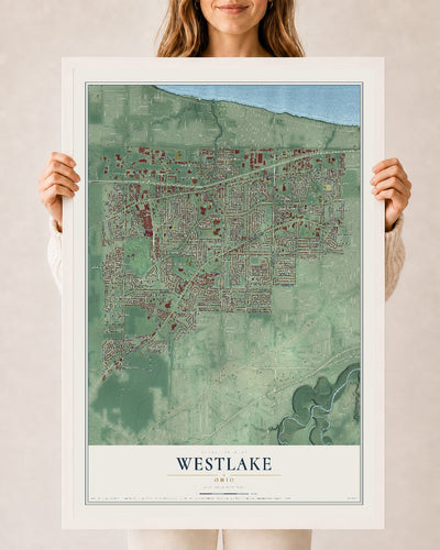 Map of Westlake, Ohio, 24 x 36 inch print in a white wood frame