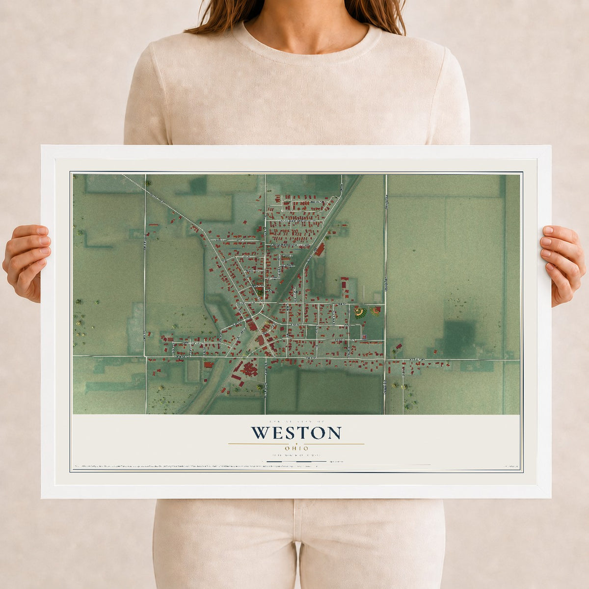 Map of Weston, Ohio, 12 x 18 inch print in a white wood frame