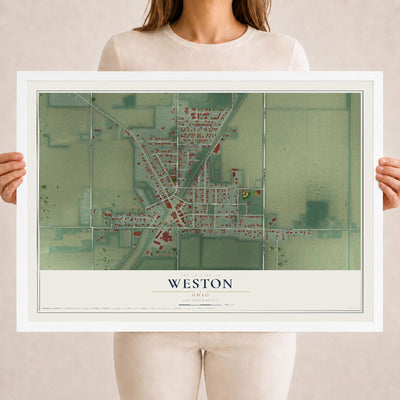 Map of Weston, Ohio, 18 x 24 inch print in a white wood frame