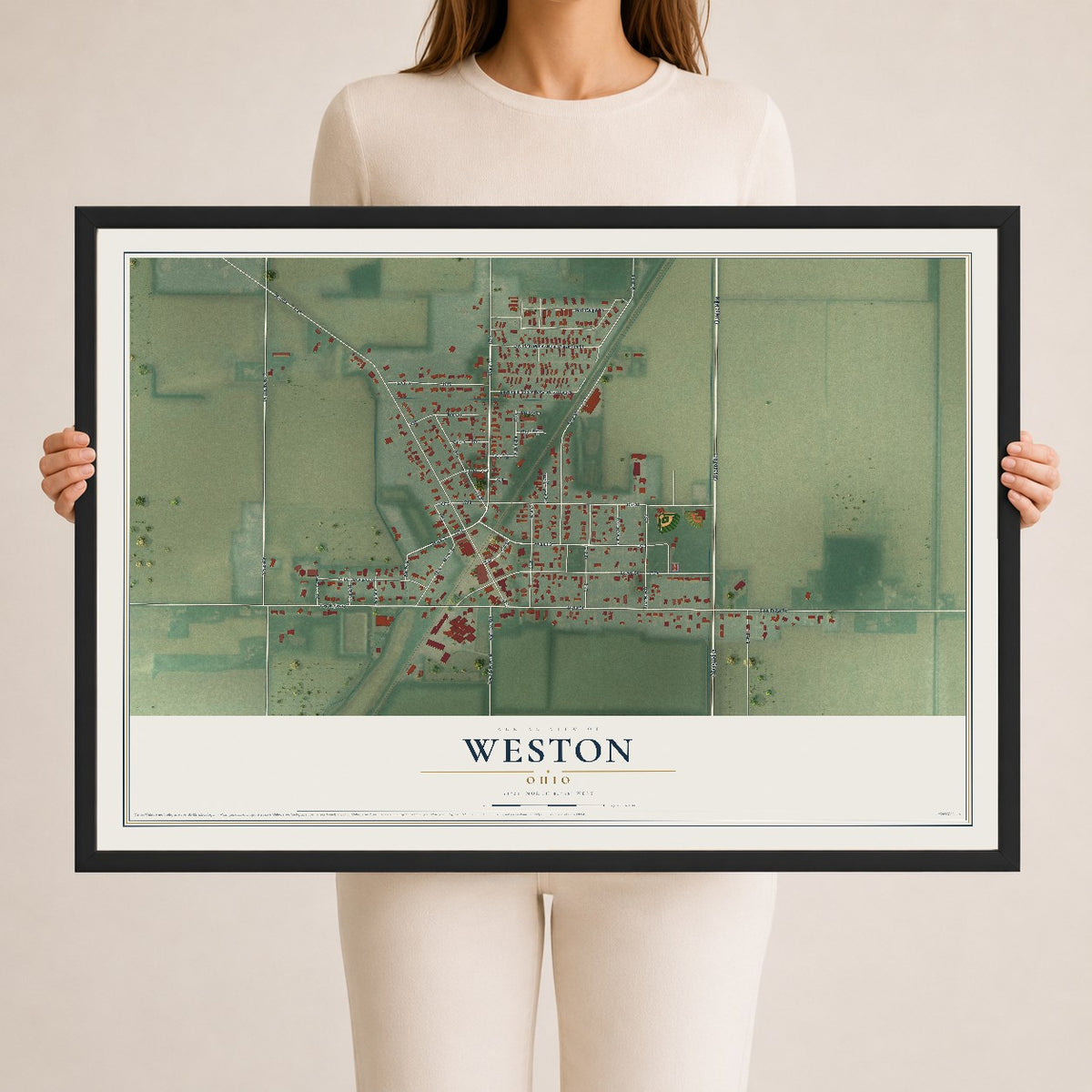 Map of Weston, Ohio, 24 x 36 inch print in a black wood frame