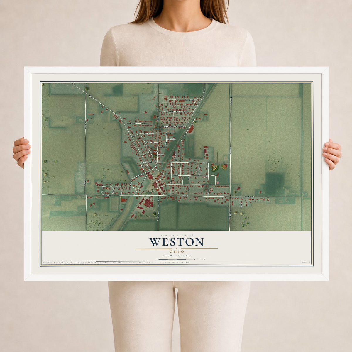 Map of Weston, Ohio, 24 x 36 inch print in a white wood frame