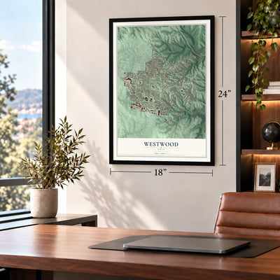 Westwood, Ohio map, 18 x 24 inch print in a black frame in a home office