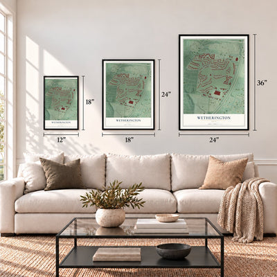 Wetherington, Ohio map in 12 x 18, 18 x 24 and 24 x 36 inch sizes above a sofa