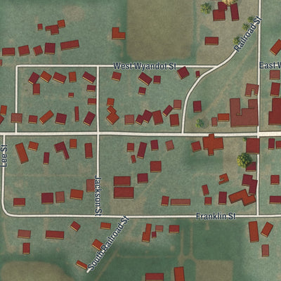 Close-up of the map of Wharton, Ohio print showing street and building detail