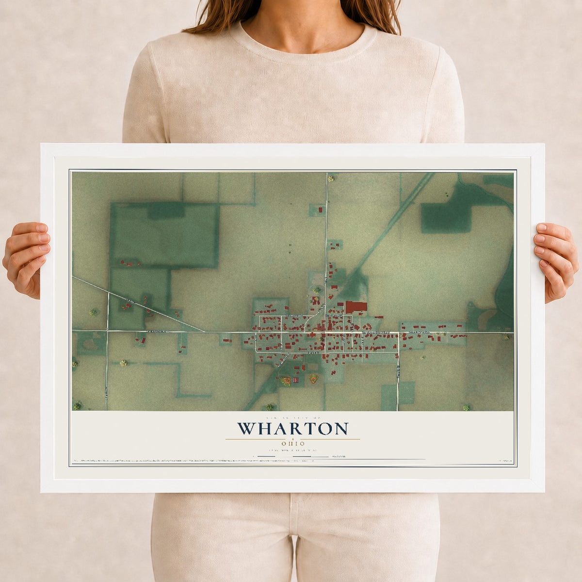 Map of Wharton, Ohio, 12 x 18 inch print in a white wood frame